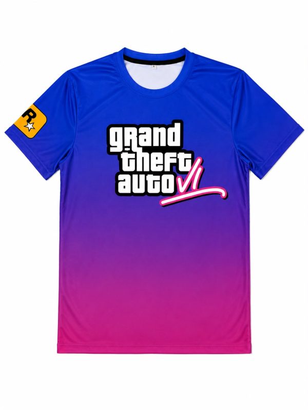 T-shirt Gta 6 T-shirt GTA VI bleu violet et rose avec logo Grand Theft Auto VI sur le devant.