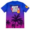 T-shirt GTA VI bleu, violet et rose avec palmiers Dos du t-shirt GTA VI avec grand logo Grand Theft Auto VI et silhouettes de palmiers.