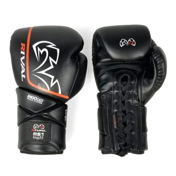 Gants de boxe Rival RS1 Ultra Sparring – Vue de face et de dos Gants de boxe Rival RS1 Ultra Sparring, vue de face et de dos montrant la manchette conique et le laçage