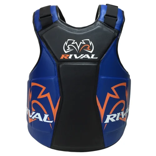 Plastron Rival RBP noir et bleu vu de face avec logo Rival orange et blanc
