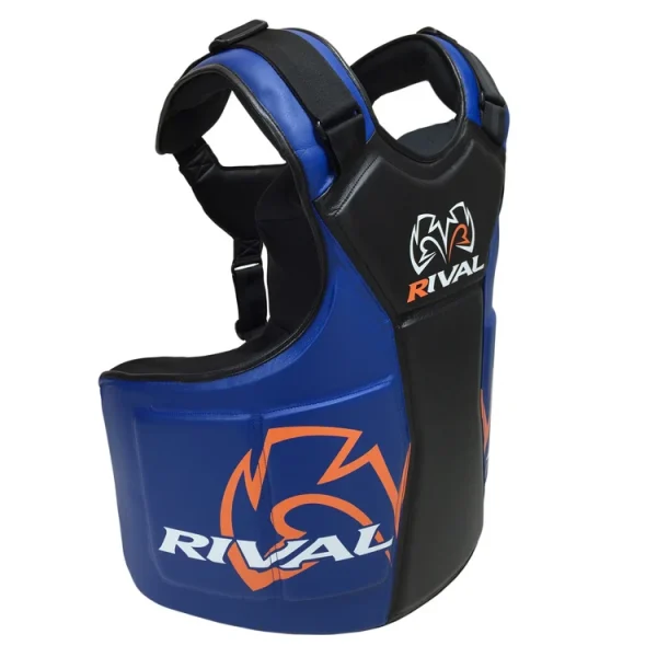 Plastron Rival RBP noir et bleu vu de trois quarts avec bretelles épaulières rembourrées