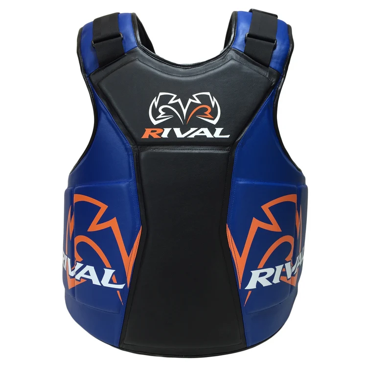 Plastron Rival RBP noir et bleu vu de face avec logo Rival orange et blanc