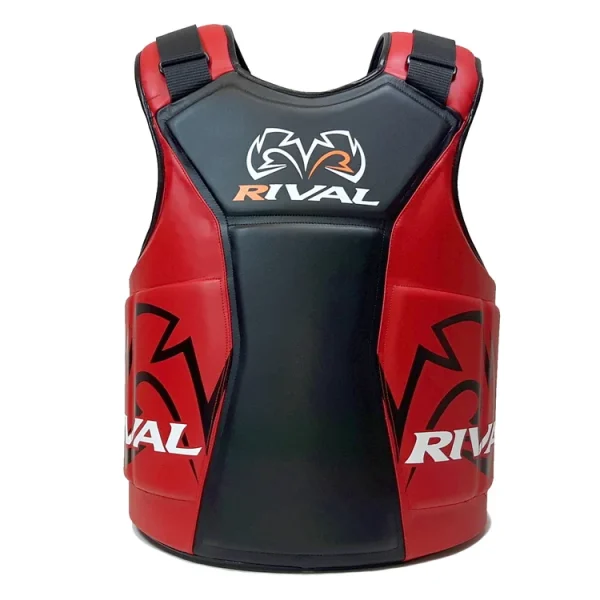 Plastron Rival RBP noir et rouge vu de face avec logo Rival blanc et orange