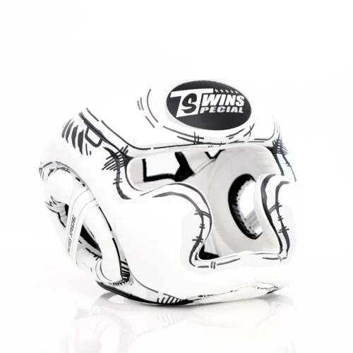 casque Twins comic vue de coté Casque de sparring Twins Comic blanc vue de côté avec sangle de maintien