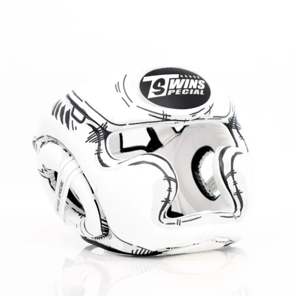 casque Twins comic vue de coté Casque de sparring Twins Comic blanc vue de côté avec sangle de maintien