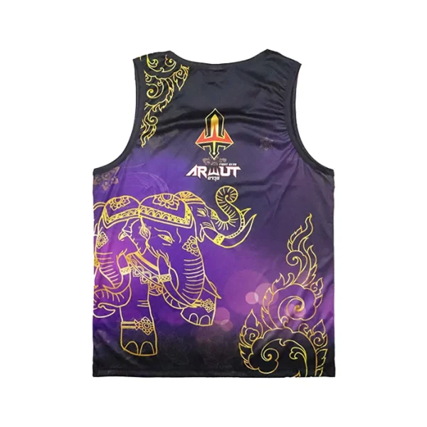 Débardeur Arwut Sublimation Erawan vue de dos, motif éléphant thaï doré sur fond violet et noir