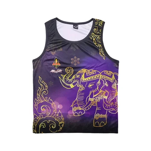 debardeur-arwut-erawan-face Débardeur Arwut Sublimation Erawan vue de face, motif éléphant thaï doré sur fond violet et noir