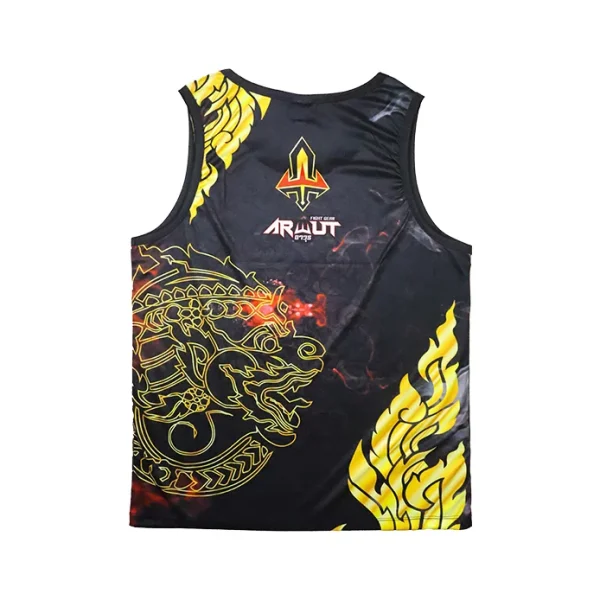debardeur-arwut-hanuman-dos Débardeur Arwut Sublimation Hanuman vue de dos, motif créature thaïe dorée sur fond noir flammes et fumée rouge