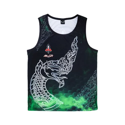 debardeur-arwut-naga-face_1 Débardeur Arwut Sublimation Naga vue de face, motif dragon-serpent thaï blanc sur fond vert et noir