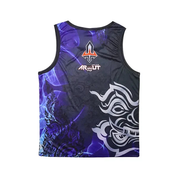 debardeur-arwut-nanopoly-dos Débardeur Arwut Sublimation Nanopoly vue de dos, masque thaï argenté sur fond bleu et noir façon fumée