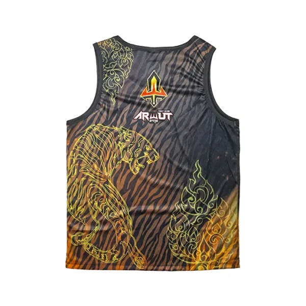 debardeur-arwut-payak-dos Débardeur Arwut Sublimation Payak vue de dos, motif tigre doré et flammes thaïes sur fond rayé