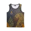 debardeur-arwut-payak-face Débardeur Arwut Sublimation Payak vue de face, motif tigre doré et flammes thaïes sur fond rayé