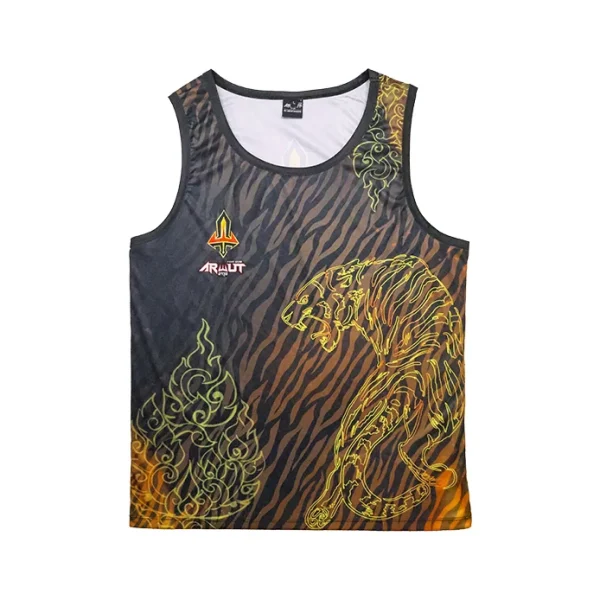debardeur-arwut-payak-face Débardeur Arwut Sublimation Payak vue de face, motif tigre doré et flammes thaïes sur fond rayé