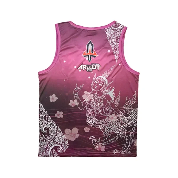Débardeur Arwut Sublimation Rose vue de dos, motif divinité thaïe et fleurs de cerisier