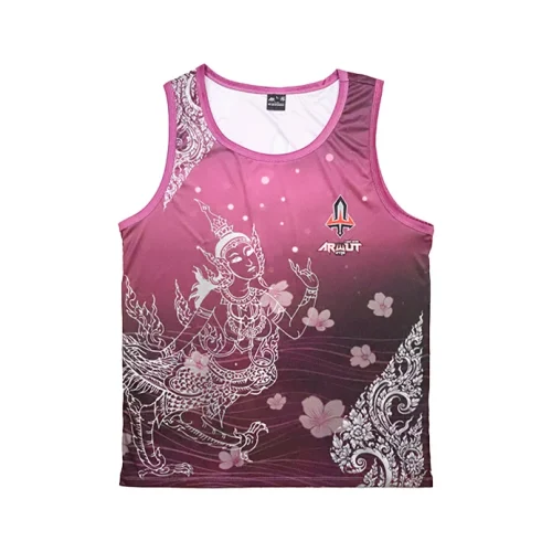 debardeur-arwut-rose-face Débardeur Arwut Sublimation Rose vue de face, motif divinité thaïe et fleurs de cerisier