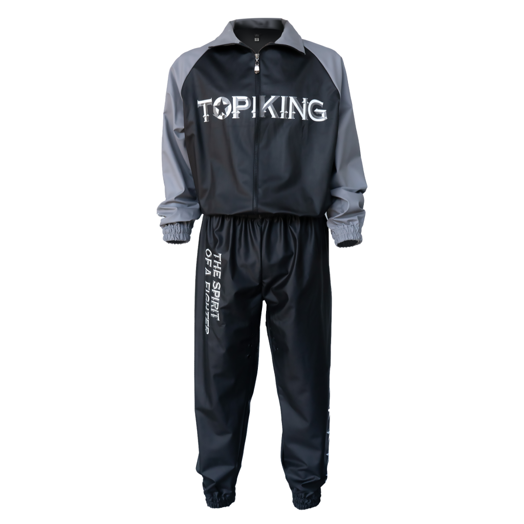 Ensemble de sudation Topking gris et noir vu de face avec logo Topking