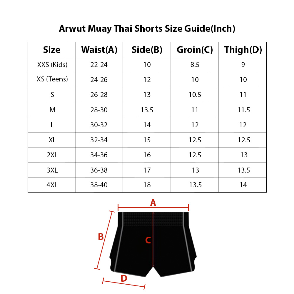Guide des tailles en pouces pour les shorts de Muay Thaï Arwut