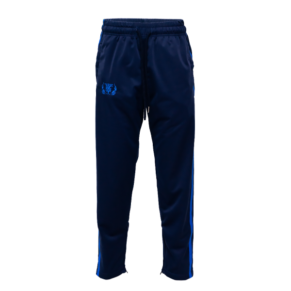 Survêtement Topking bleu marine et bleu roi – pantalon vue de face Pantalon de survêtement Topking bleu marine à bandes bleu roi vu de face