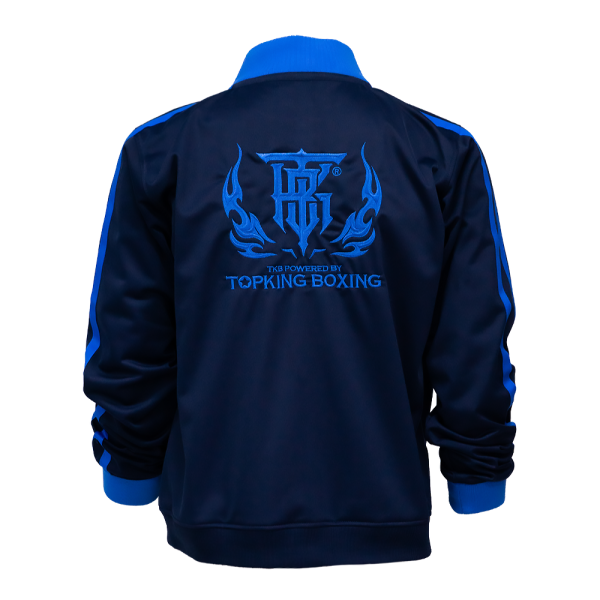 Survêtement Topking bleu marine et bleu roi – veste vue de dos Veste de survêtement Topking bleu marine vue de dos avec logo Topking Boxing floqué bleu roi