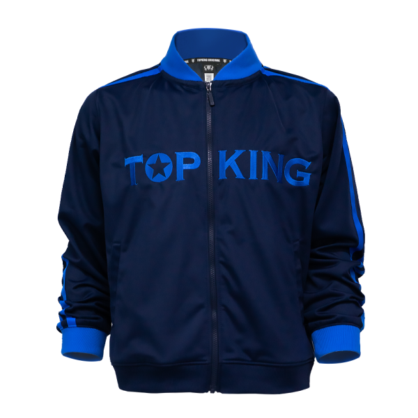 Survêtement Topking bleu marine et bleu roi – veste vue de face Veste de survêtement Topking bleu marine vue de face avec inscription Top King bleu roi