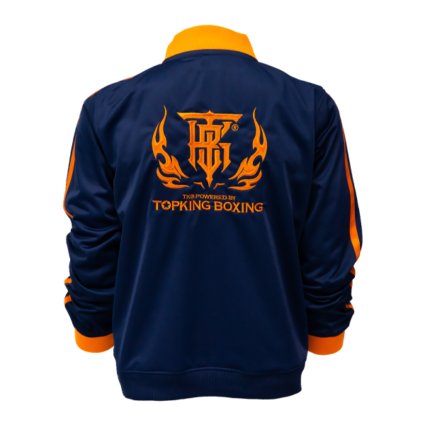 Survêtement Topking bleu marine et orange – veste vue de dos Veste de survêtement Topking bleu marine vue de dos avec logo Topking Boxing floqué orange