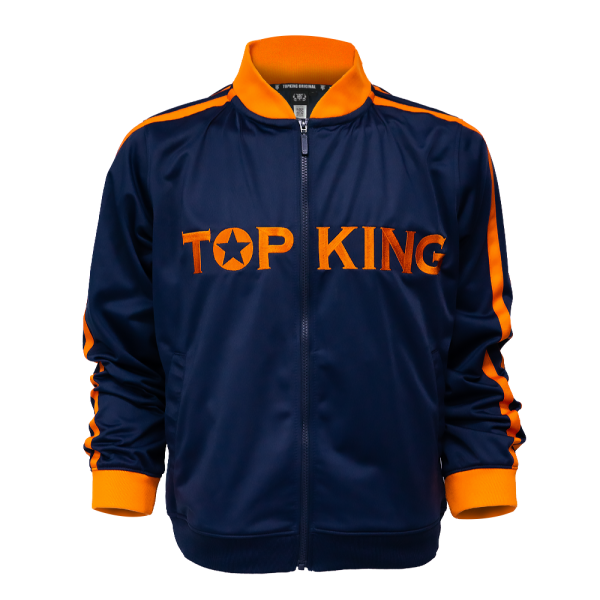 Survêtement Topking bleu marine et orange – veste vue de face Veste de survêtement Topking bleu marine vue de face avec inscription Top King orange