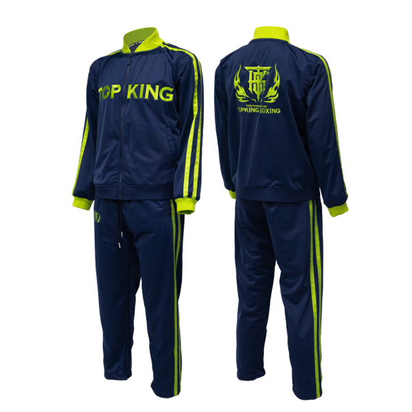 Survêtement Topking bleu marine et vert fluo – ensemble complet Ensemble complet du survêtement Topking bleu marine et vert fluo, veste et pantalon, vues de face et de dos