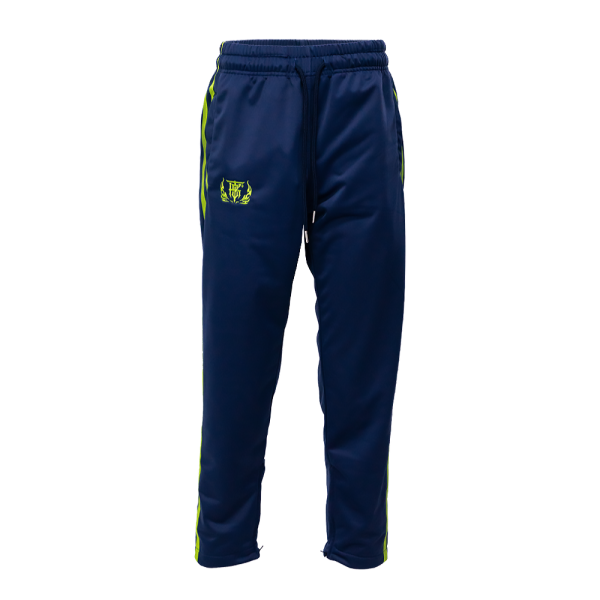 Survêtement Topking bleu marine et vert fluo – pantalon vue de face Pantalon de survêtement Topking bleu marine à bandes vert fluo vu de face