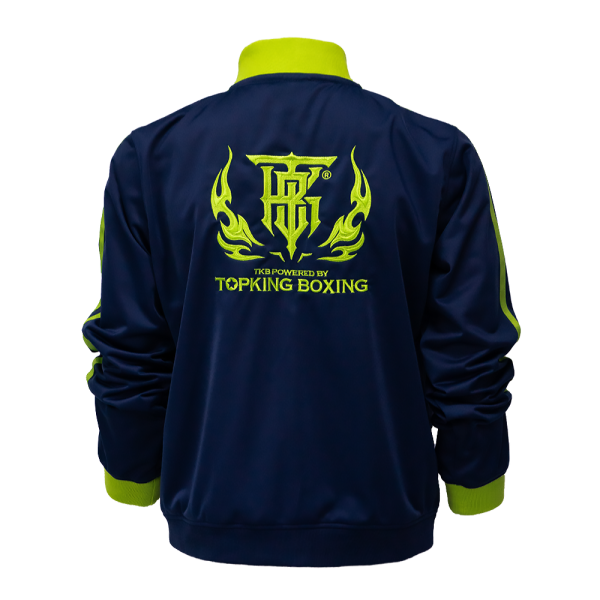 Survêtement Topking bleu marine et vert fluo – veste vue de dos Veste de survêtement Topking bleu marine vue de dos avec logo Topking Boxing floqué vert fluo