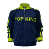 Survêtement Topking bleu marine et vert fluo – veste vue de face Veste de survêtement Topking bleu marine vue de face avec inscription Top King vert fluo