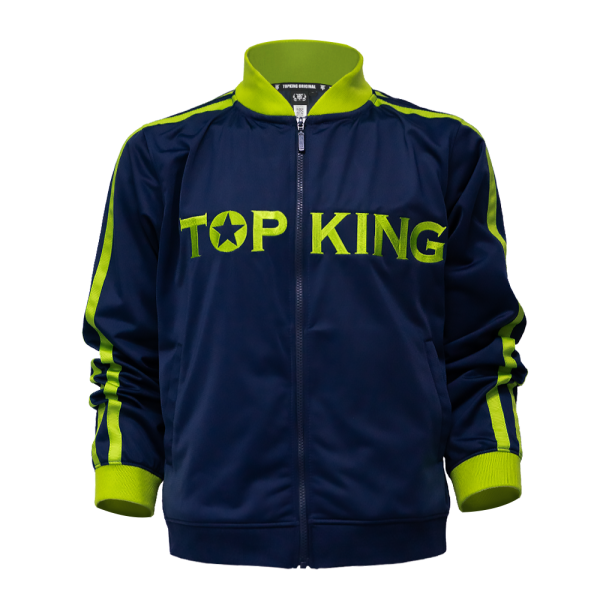 Survêtement Topking bleu marine et vert fluo – veste vue de face Veste de survêtement Topking bleu marine vue de face avec inscription Top King vert fluo