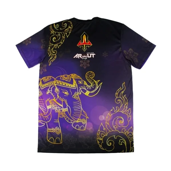 tshirt-arwut-erawan-dos T-shirt Arwut Sublimation Erawan vue de dos, motif éléphant thaï doré sur fond violet et noir