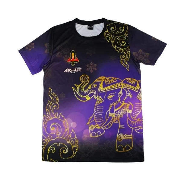 tshirt-arwut-erawan-face T-shirt Arwut Sublimation Erawan vue de face, motif éléphant thaï doré sur fond violet et noir