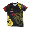 tshirt-arwut-hanuman-face T-shirt Arwut Sublimation Hanuman vue de face, motif créature thaïe dorée sur fond noir flammes et fumée rouge