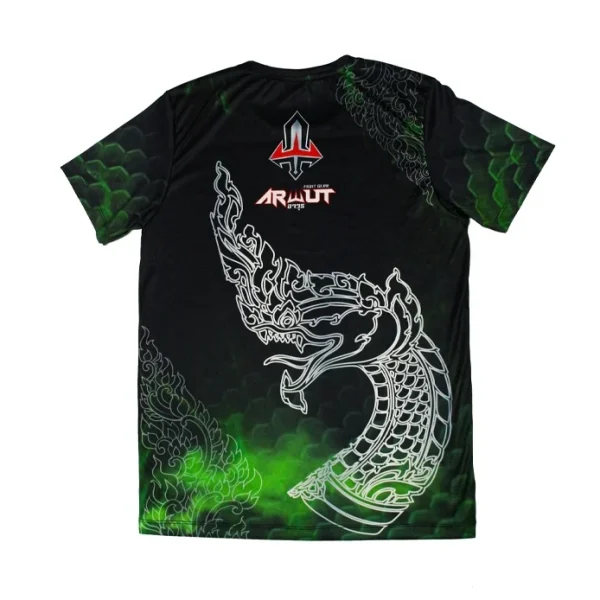 tshirt-arwut-naga-dos T-shirt Arwut Sublimation Naga vue de dos, motif dragon-serpent thaï blanc sur fond vert et noir