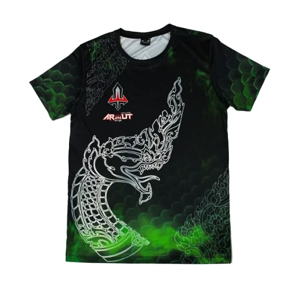 tshirt-arwut-naga-face T-shirt Arwut Sublimation Naga vue de face, motif dragon-serpent thaï blanc sur fond vert et noir