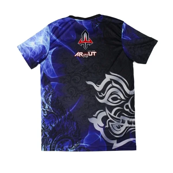 tshirt-arwut-nanopoly-dos T-shirt Arwut Sublimation Nanopoly vue de dos, masque thaï argenté sur fond bleu et noir façon fumée