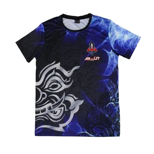 tshirt-arwut-nanopoly-face T-shirt Arwut Sublimation Nanopoly vue de face, masque thaï argenté sur fond bleu et noir façon fumée