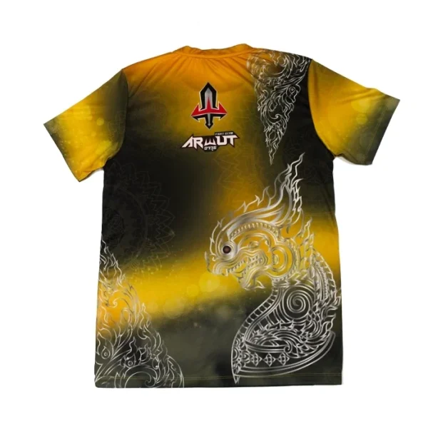 tshirt-arwut-rachasi-dos T-shirt Arwut Sublimation Rachasi vue de dos, motif créature mythique thaïe jaune et noir