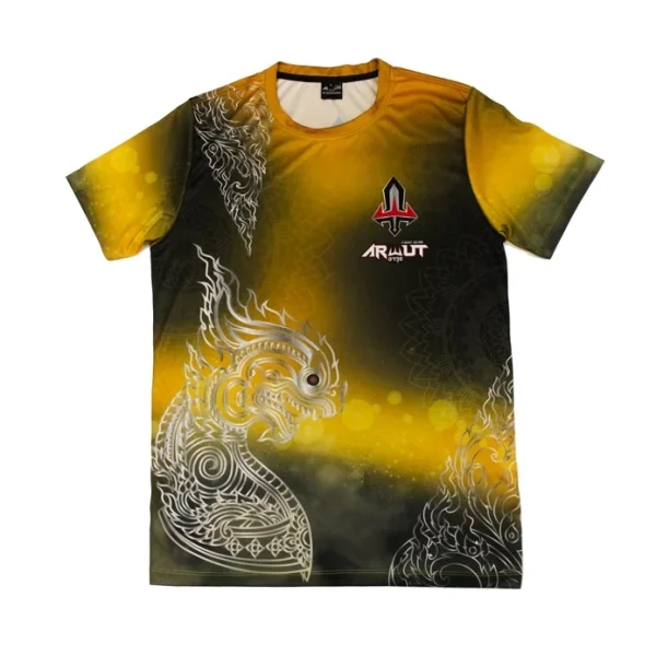 tshirt-arwut-rachasi-face T-shirt Arwut Sublimation Rachasi vue de face, motif créature mythique thaïe jaune et noir