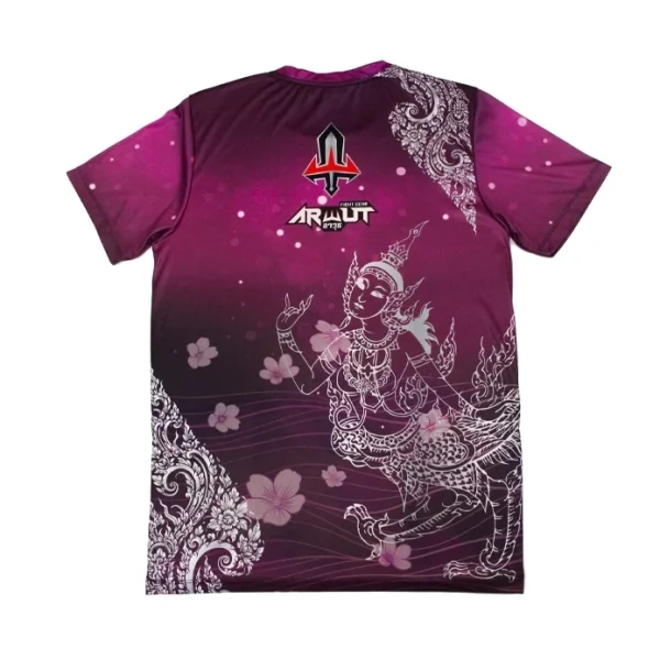 tshirt-arwut-sublimation-rose-dos T-shirt Arwut Sublimation Thaïlandais Rose vue de dos, motif divinité thaïe et fleurs de cerisier