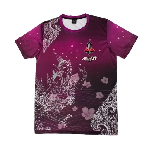 tshirt-arwut-sublimation-rose-face T-shirt Arwut Sublimation Thaïlandais Rose vue de face, motif divinité thaïe et fleurs de cerisier